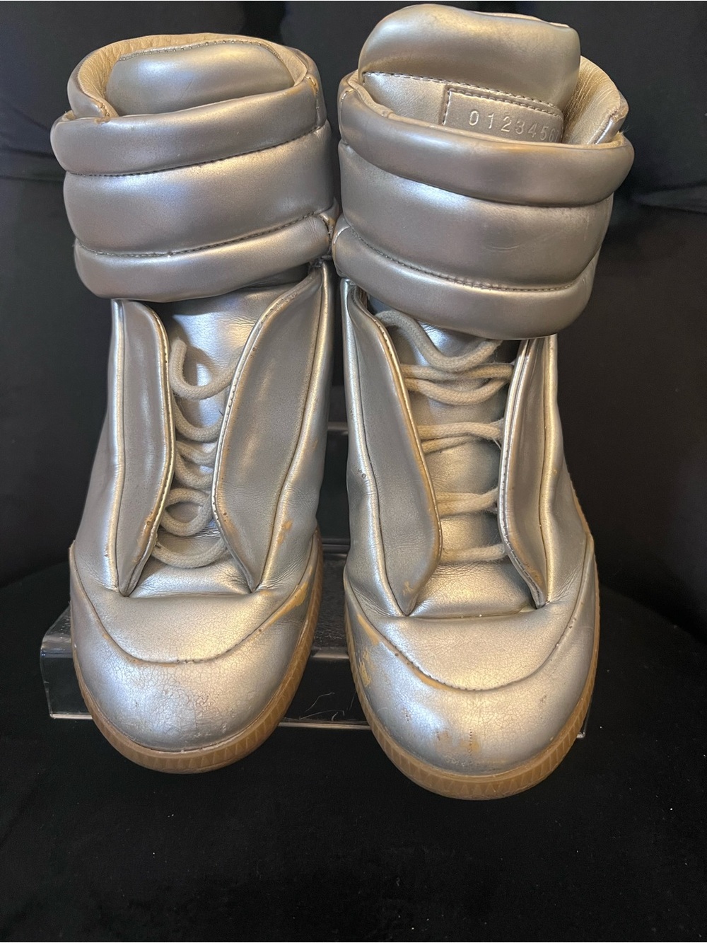 Maison Martin Margiela‘  Metallic Silver Padded High-Top Sneakers Sz 36